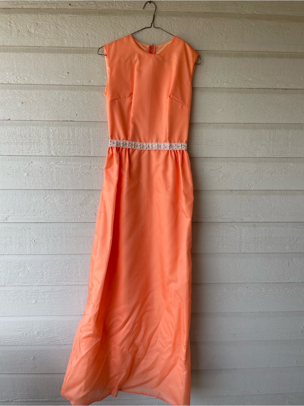 Vintage Orange Coral Beaded Waist Maxi Formal Dress Size S